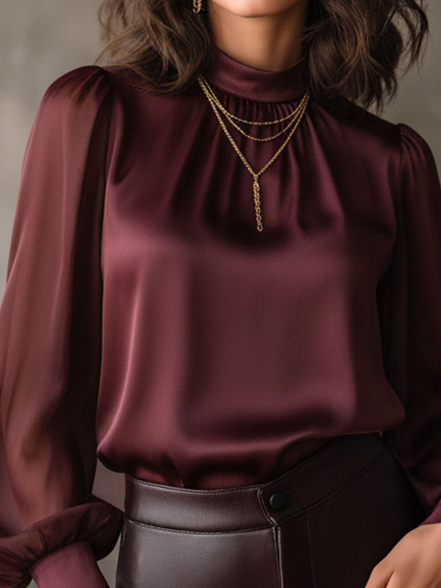 Elegant High Neck Burgundy Sheer Chiffon Sleeves Satin Blouse - Fashionpara