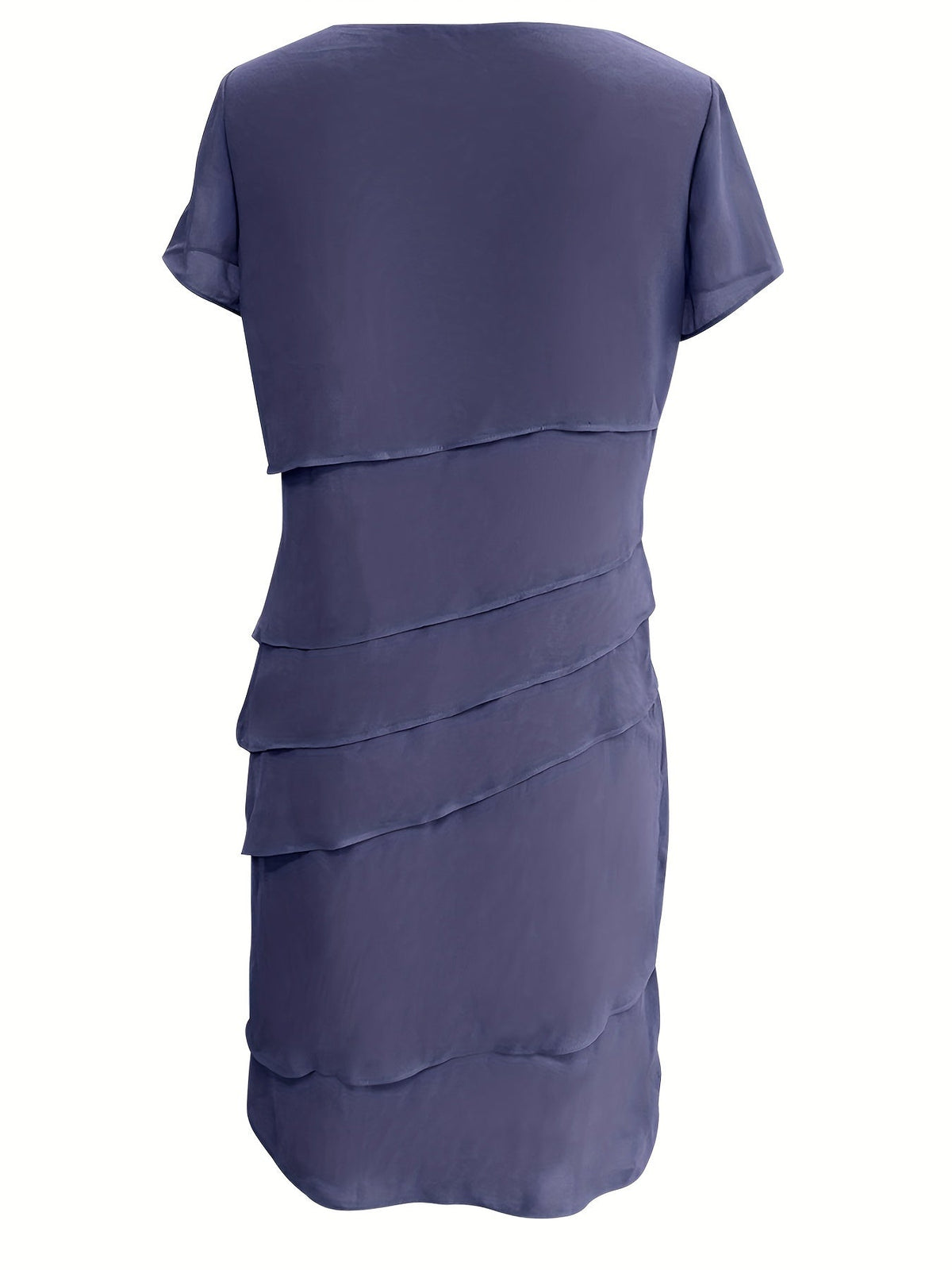 Cotton Layered Trim Round Neck Short Sleeve Midi Dress in Blue - View 4