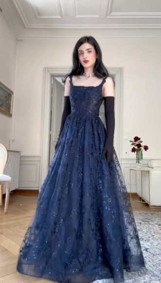 Blue A Line Lace Appliques Prom Dress Elegant Evening Gown - Fashionpara