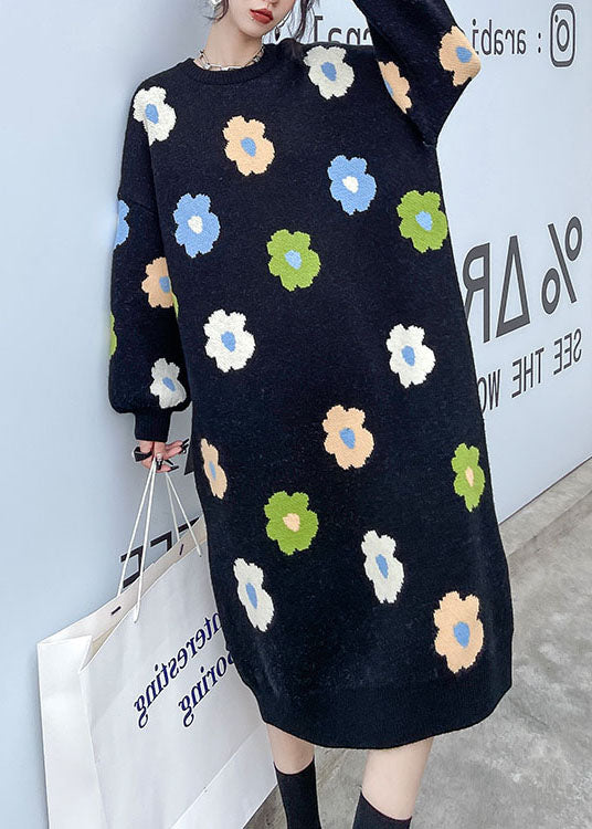 Knit Floral Print Oversized Crew Neck Long Sleeve Maxi Sweater Dress - View 3