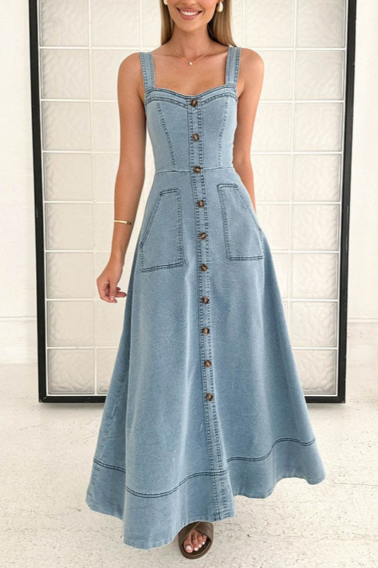 Denim Square-Neck Button-Front A-Line Maxi Dress