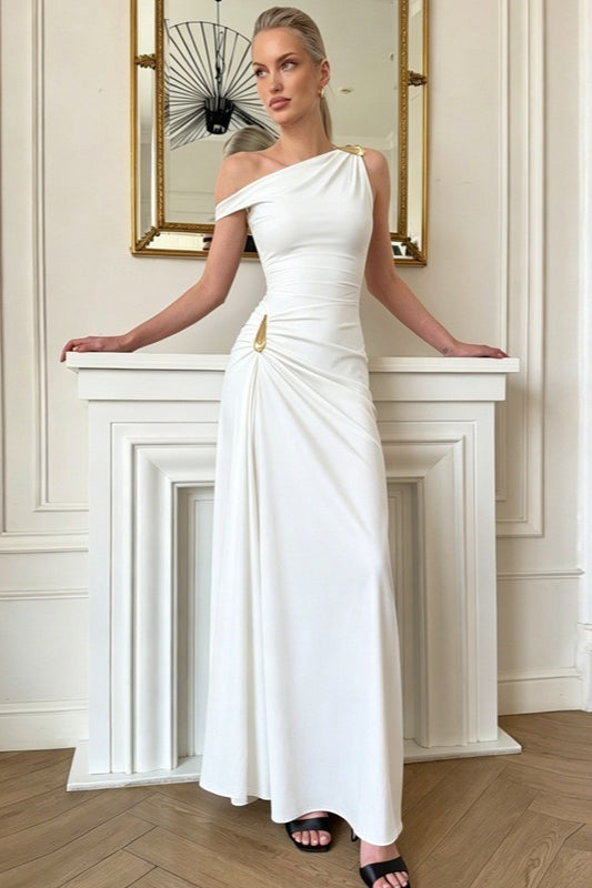 One-Shoulder Draped Ruched Column Maxi Gown