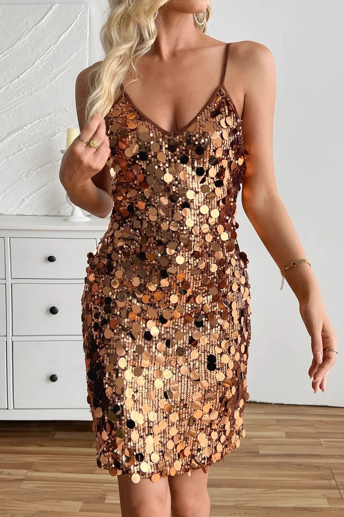 Large Sequin Deep V-Neck Spaghetti Strap Bodycon Mini Party Dress