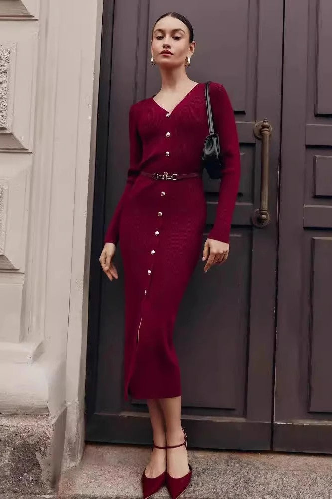 Ribbed Knit V-Neck Button-Front Belted Midi Dress