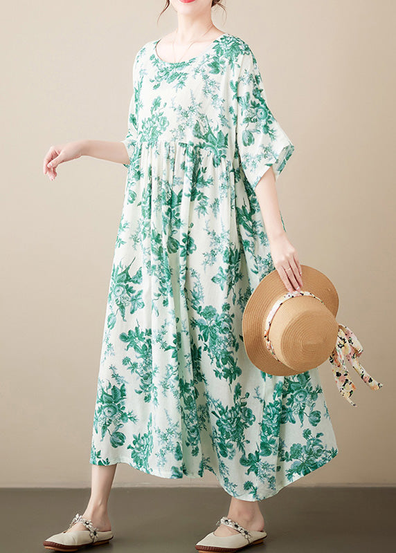 Floral Print Round Neck Short Sleeve A-Line Midi Dress