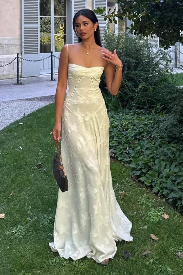 Vintage Cream Strap Floral Backless Maxi Dress