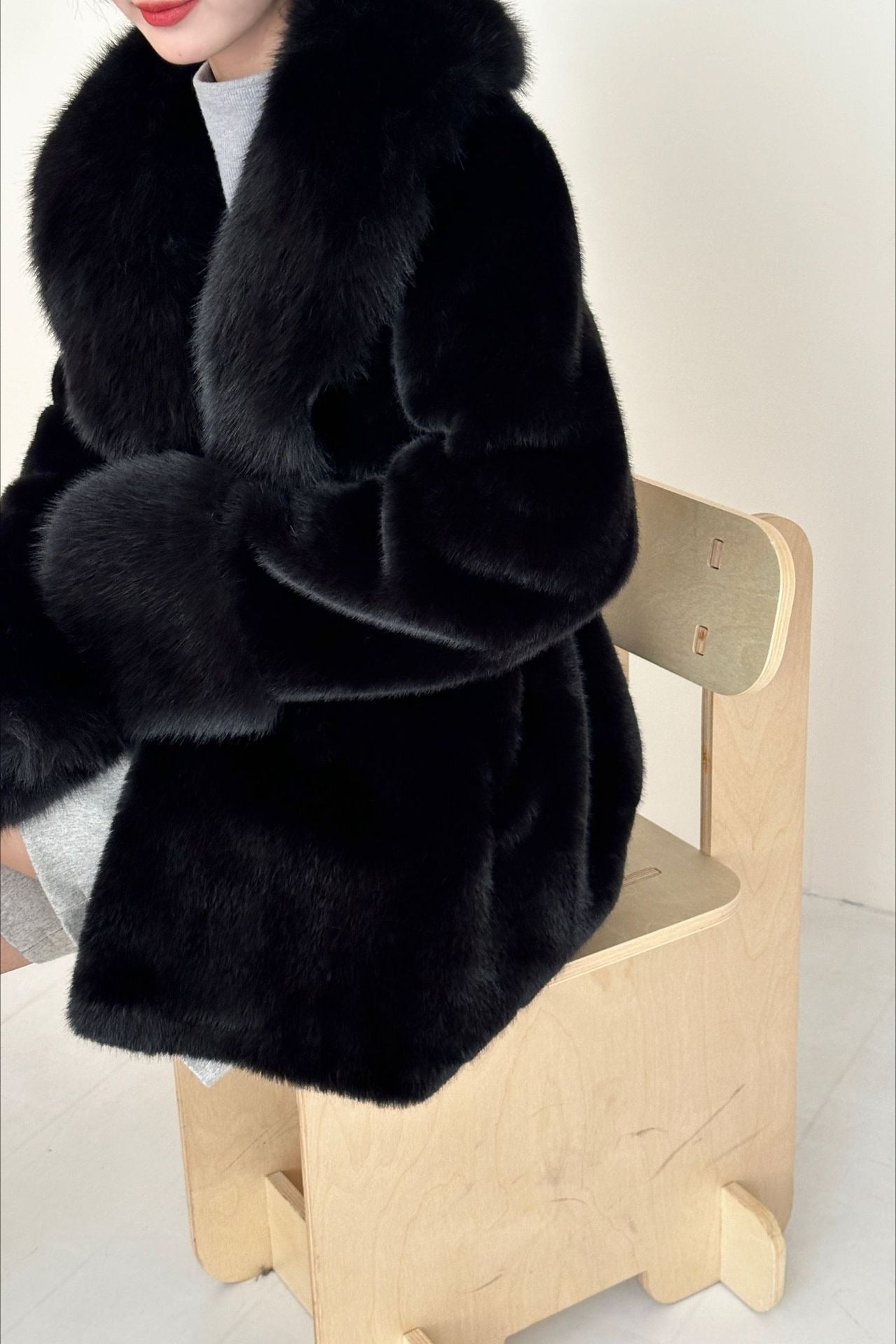 Faux Animal Fur Suede Mid-Length Notch Collar Tie Waist Coat