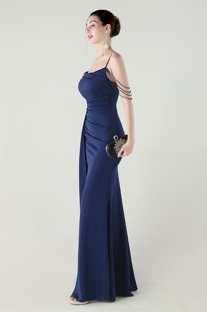 Satin Spaghetti Strap Ruched High Slit Mermaid Gown 19