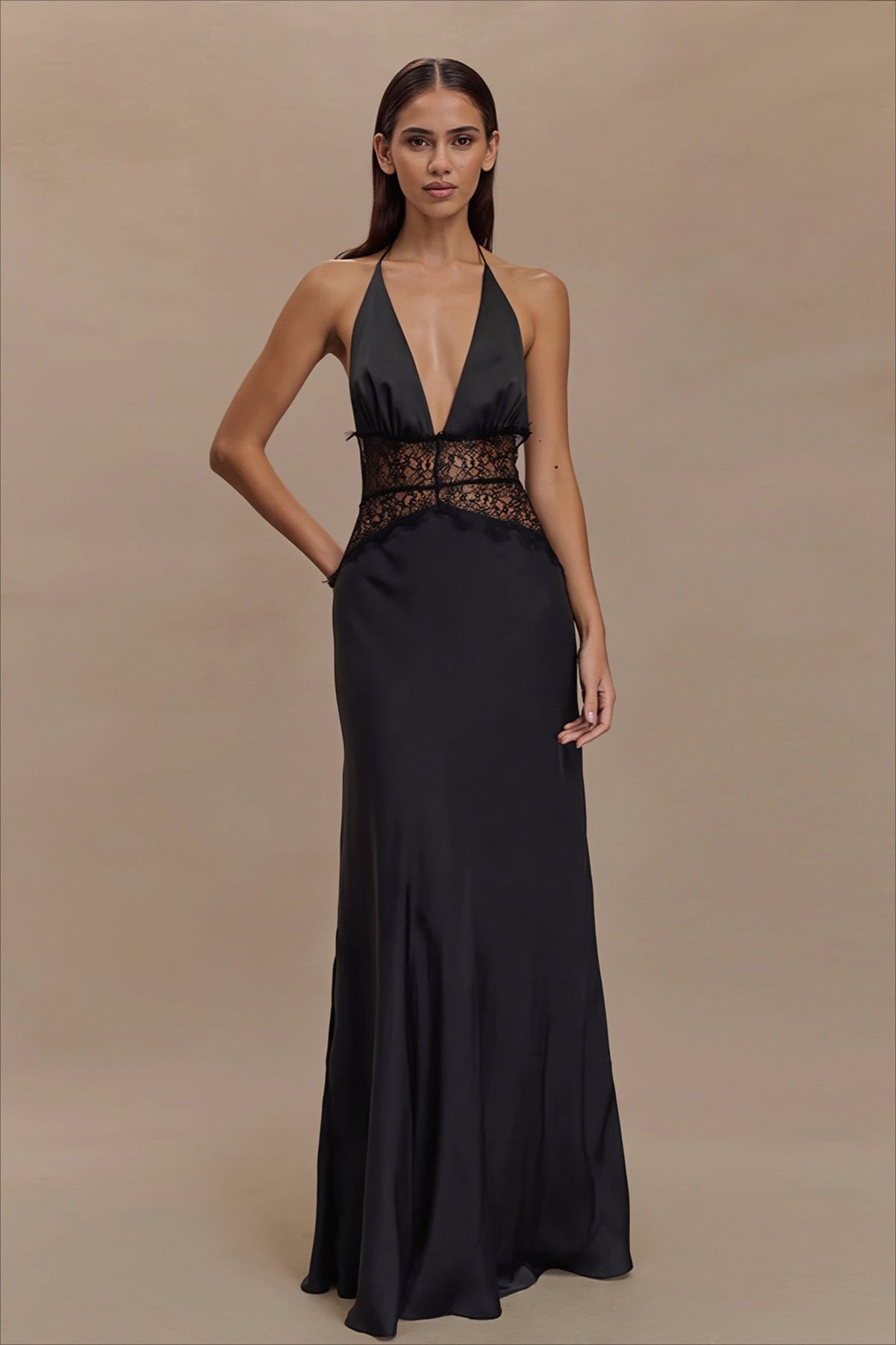 Satin Halter Neck Lace Waist Plunge Dress