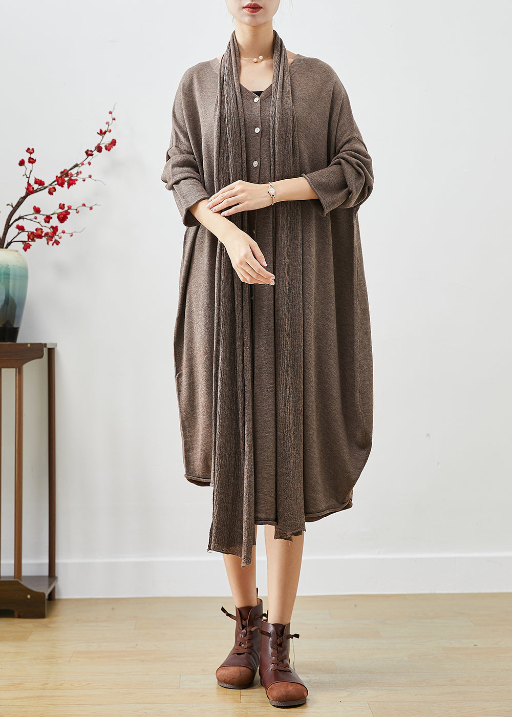 Knit Scarf Neck Long Sleeve Oversized Draped Hem Midi Sweater Dress - View 2