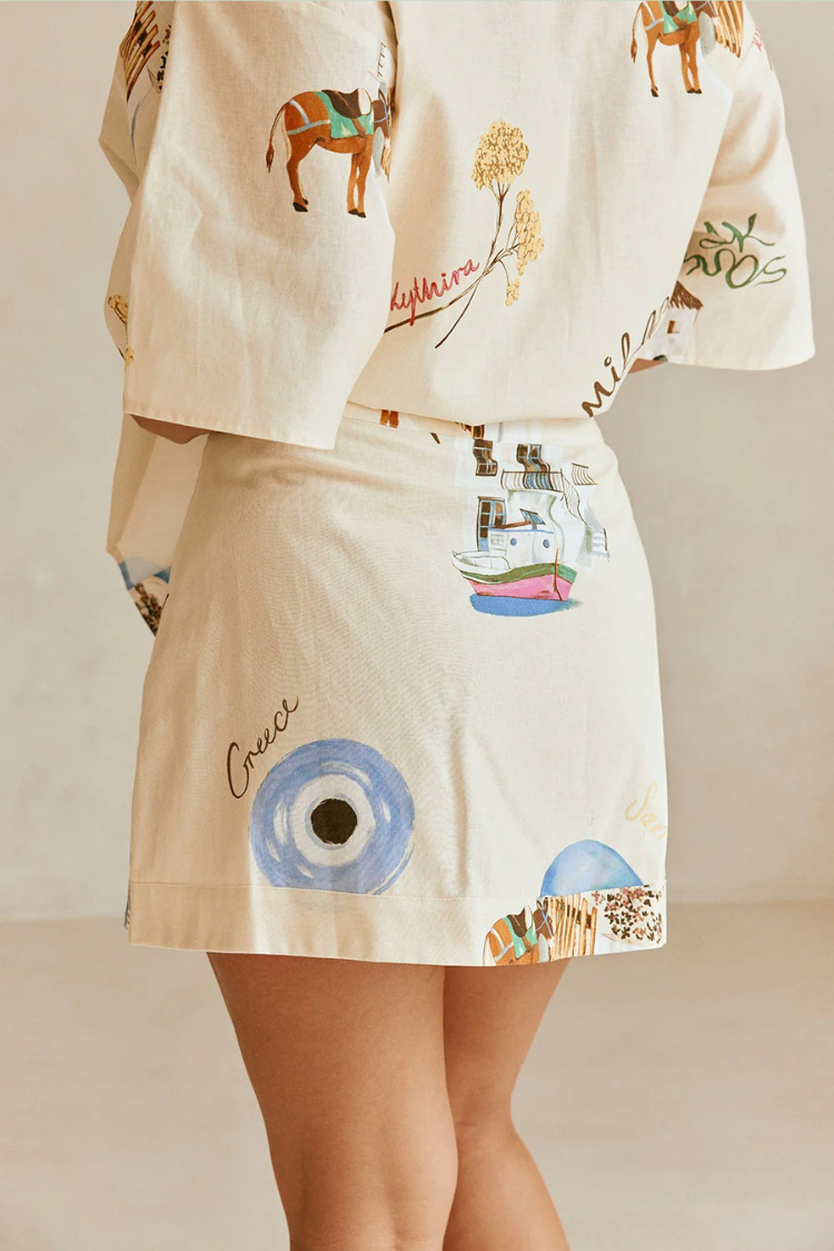 Kea Linen Blend Unique Print Short Sleeve Shirt and High Rise Wrap Panel Miniskirt Set - Fashionpara