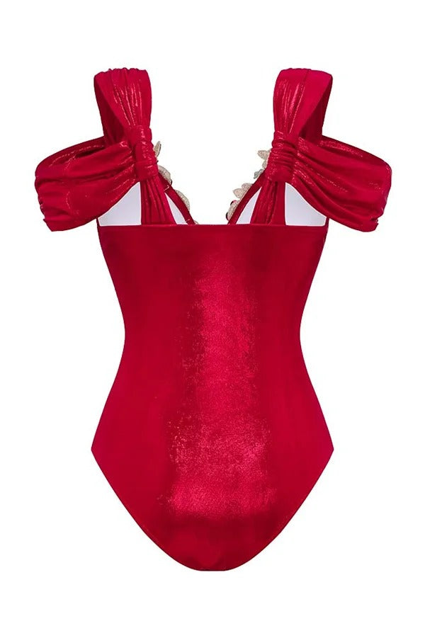 Solid Color Shiny Fabric Deep V Metal Embellished Stretch One-piece Swimsuit - Fashionpara