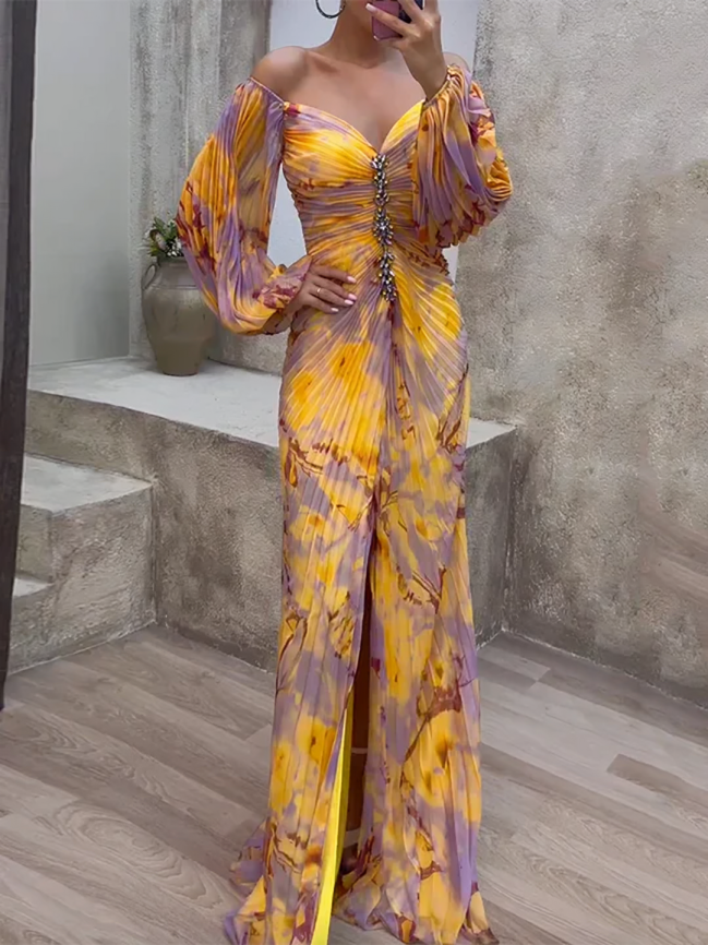 Off Shoulder Rhinestone Bodice Bishop Sleeve Pleated Maxi Gown