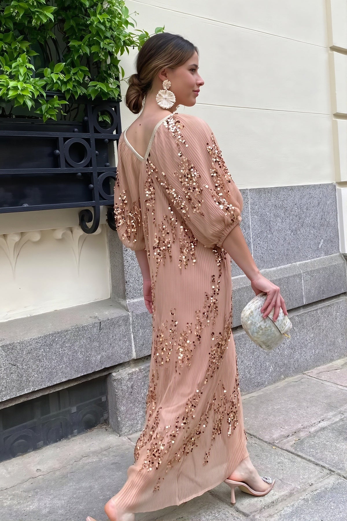 Sequin V-Neck Puff Sleeve Pleated Maxi Dress