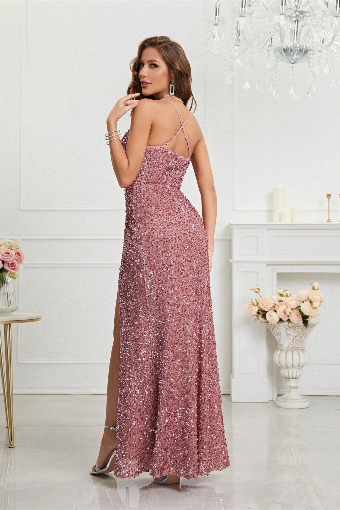 Sequin Spaghetti Strap High-Slit Mermaid Gown