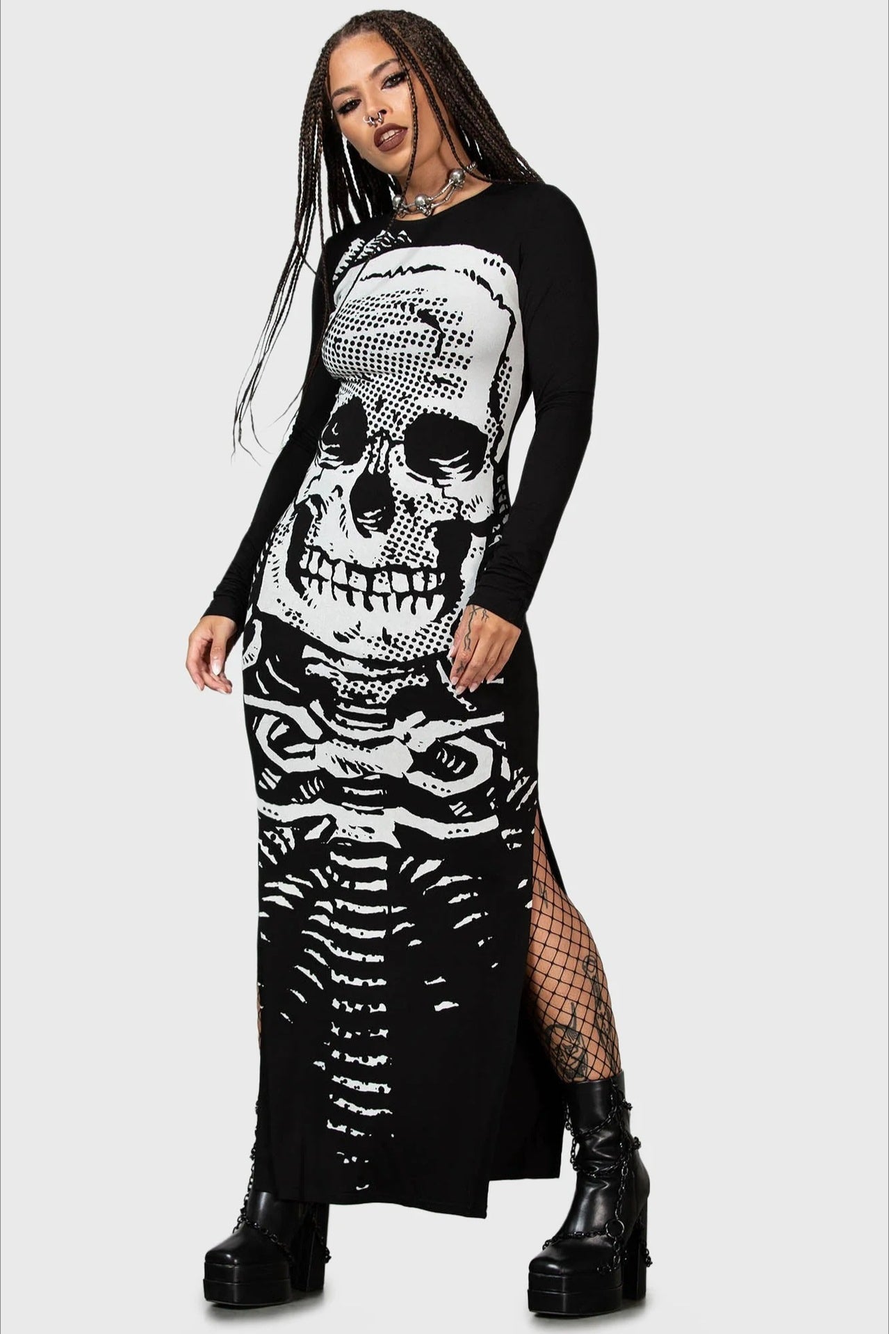 Oversized Skull Print Long Sleeve Slit Maxi Dress
