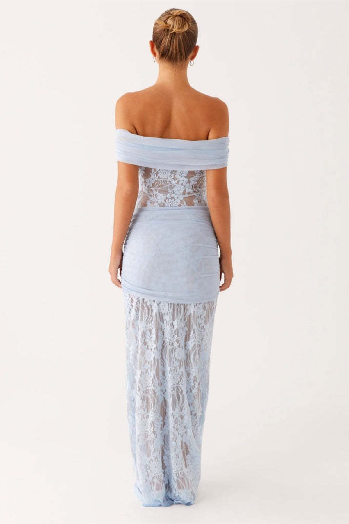 Off Shoulder Floral Lace Draped Sheer Maxi Gown