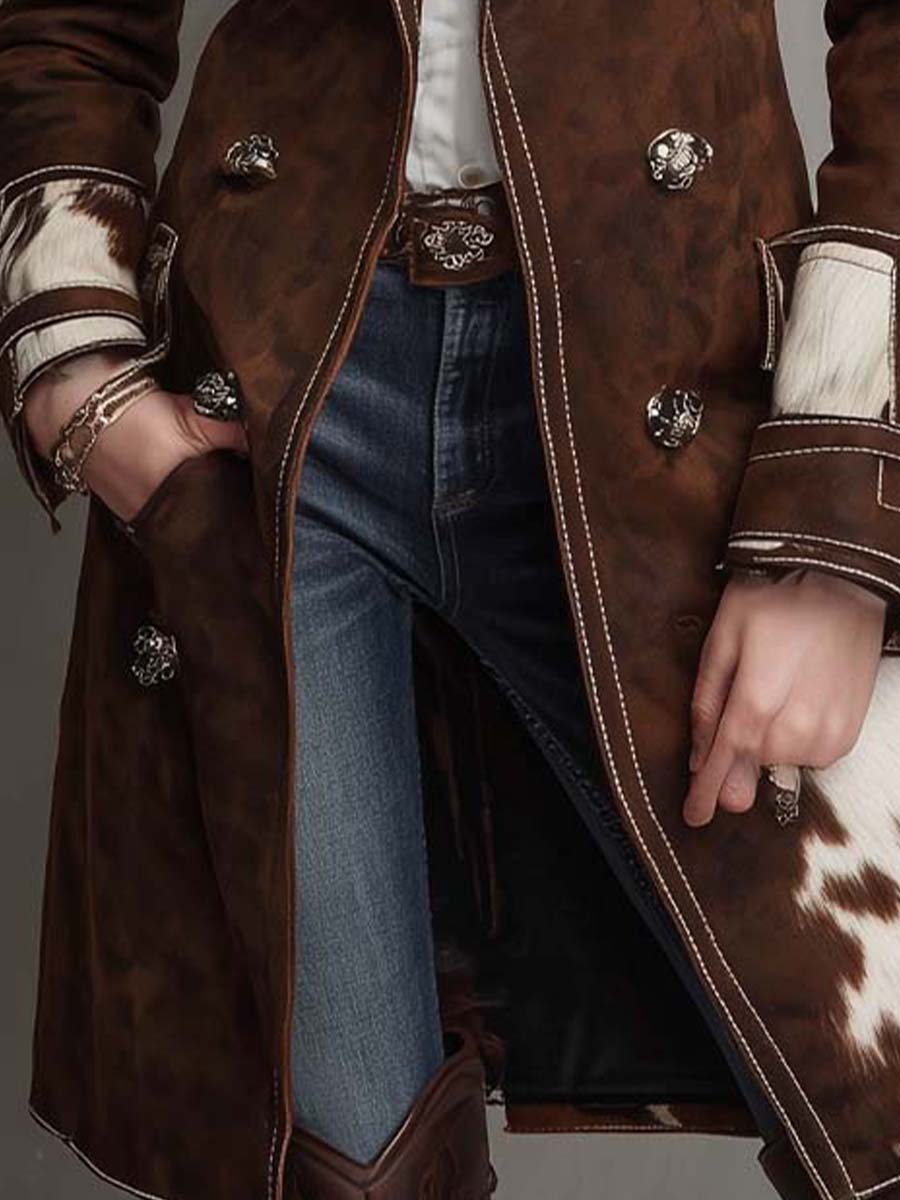 Cow Print Panel Faux Suede Long Coat - Fashionpara