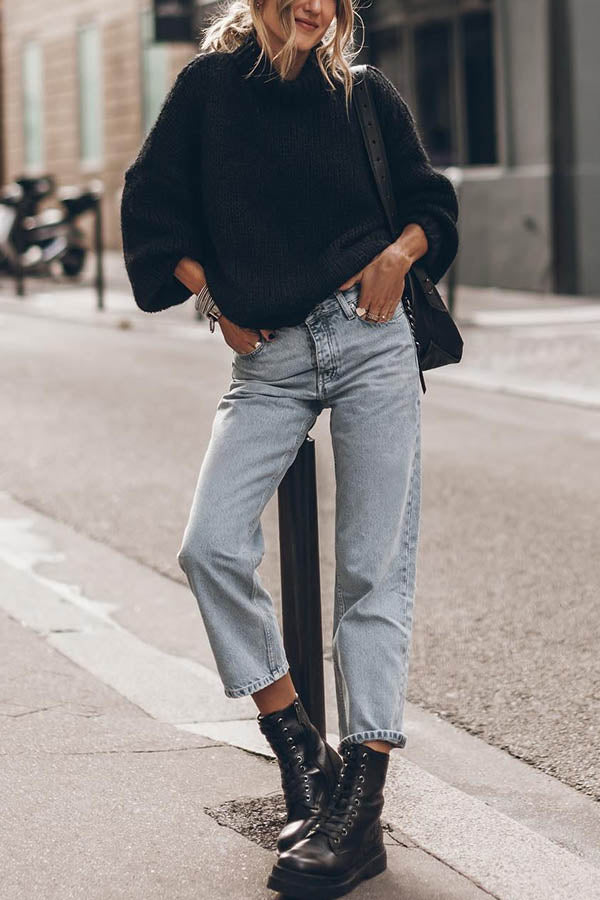 Emilia Knit Pullover Sweater with Thick Collar and Long Sleeves