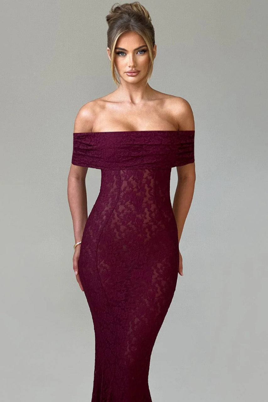 Sheer Floral Lace Off-Shoulder Mermaid Maxi Gown