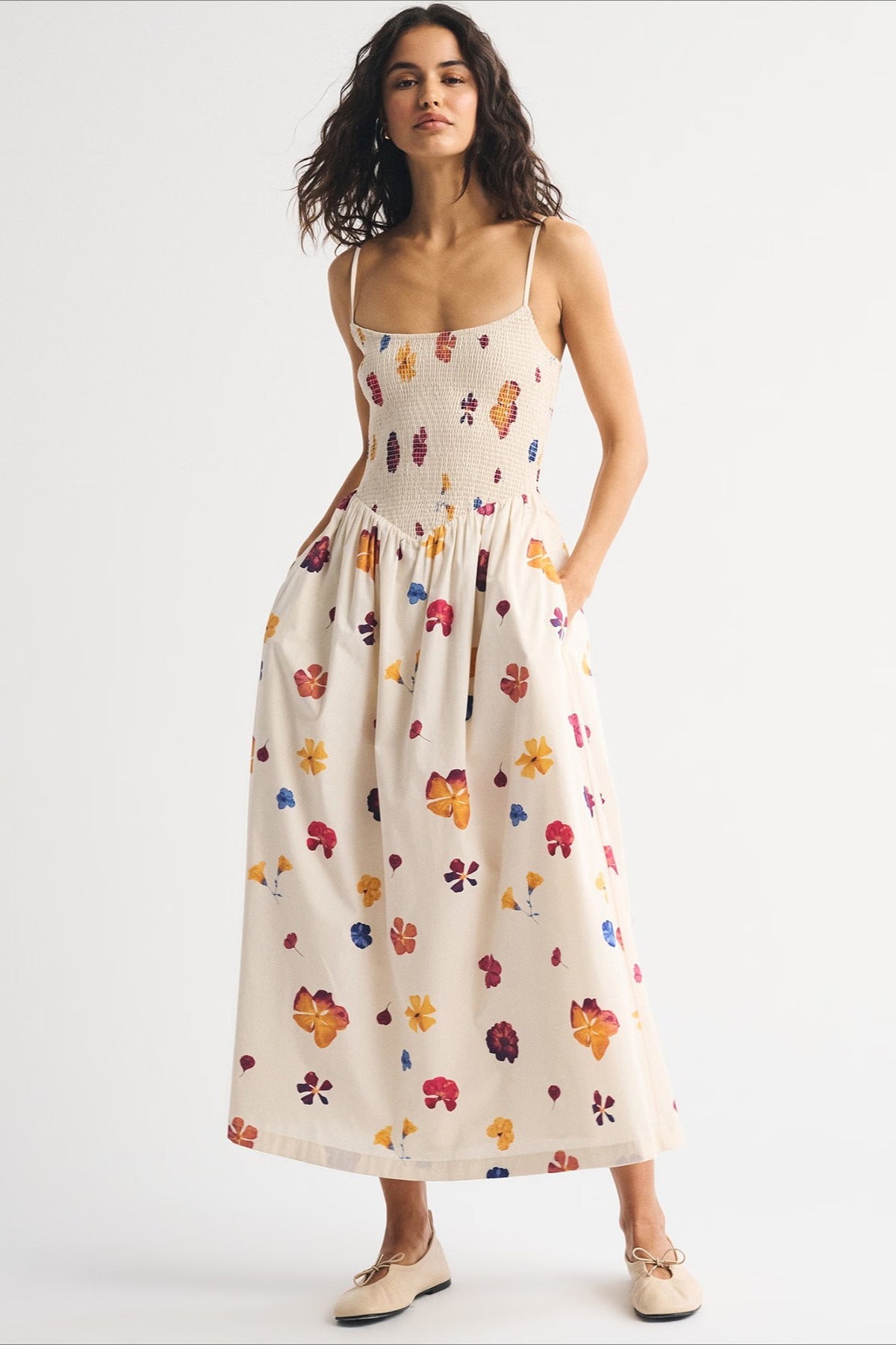 Striped Shirred Bodice A-Line Midi Dress