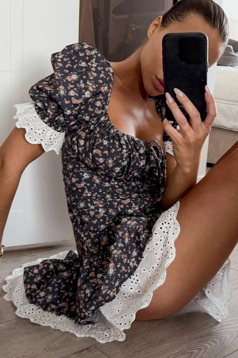 Floral Print Sweetheart Puff Sleeve Lace Trim Empire Mini Dress