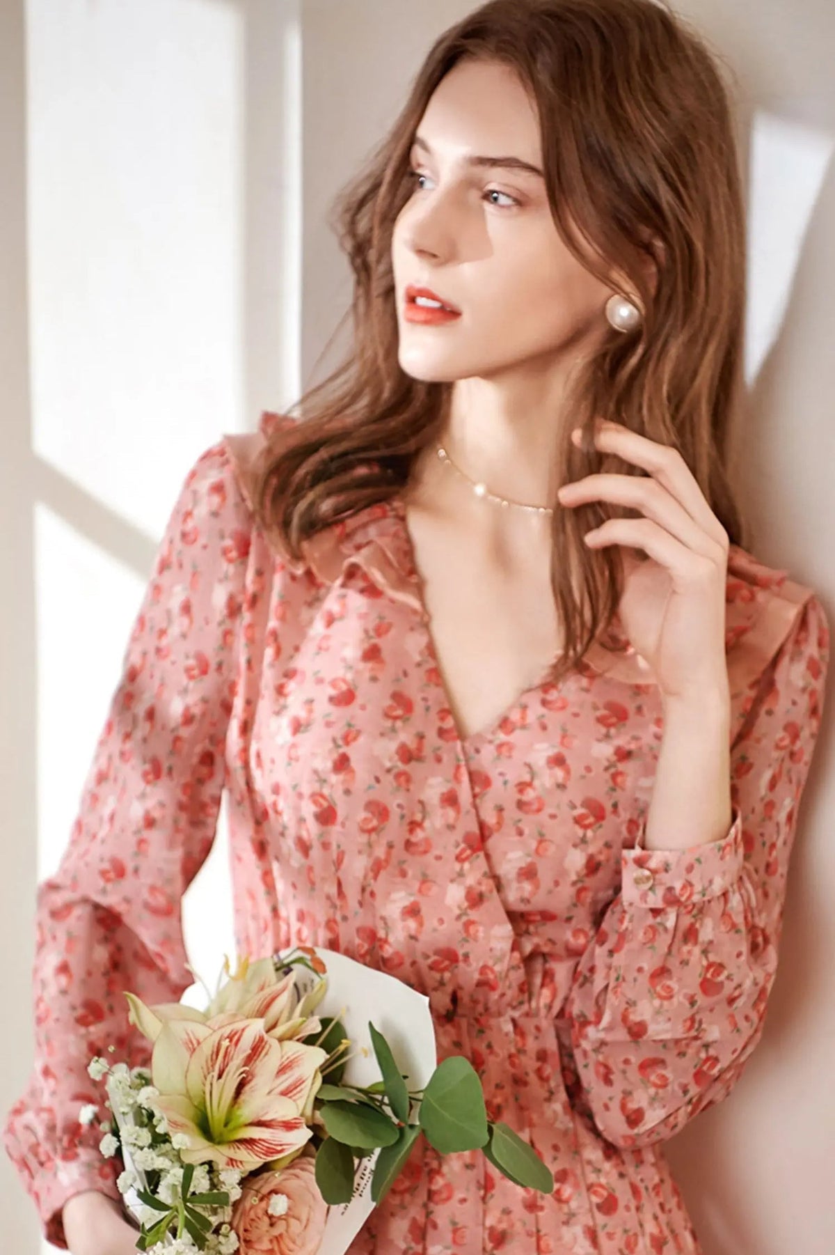 Floral Print Deep V-Neck Ruffle Trim Long Sleeve Midi Dress - View 3