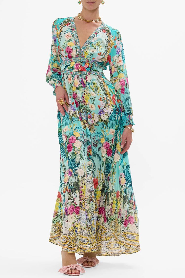 Printed V-neck Long-sleeved Puff Sleeve Waist Maxi Dress - Fashionpara