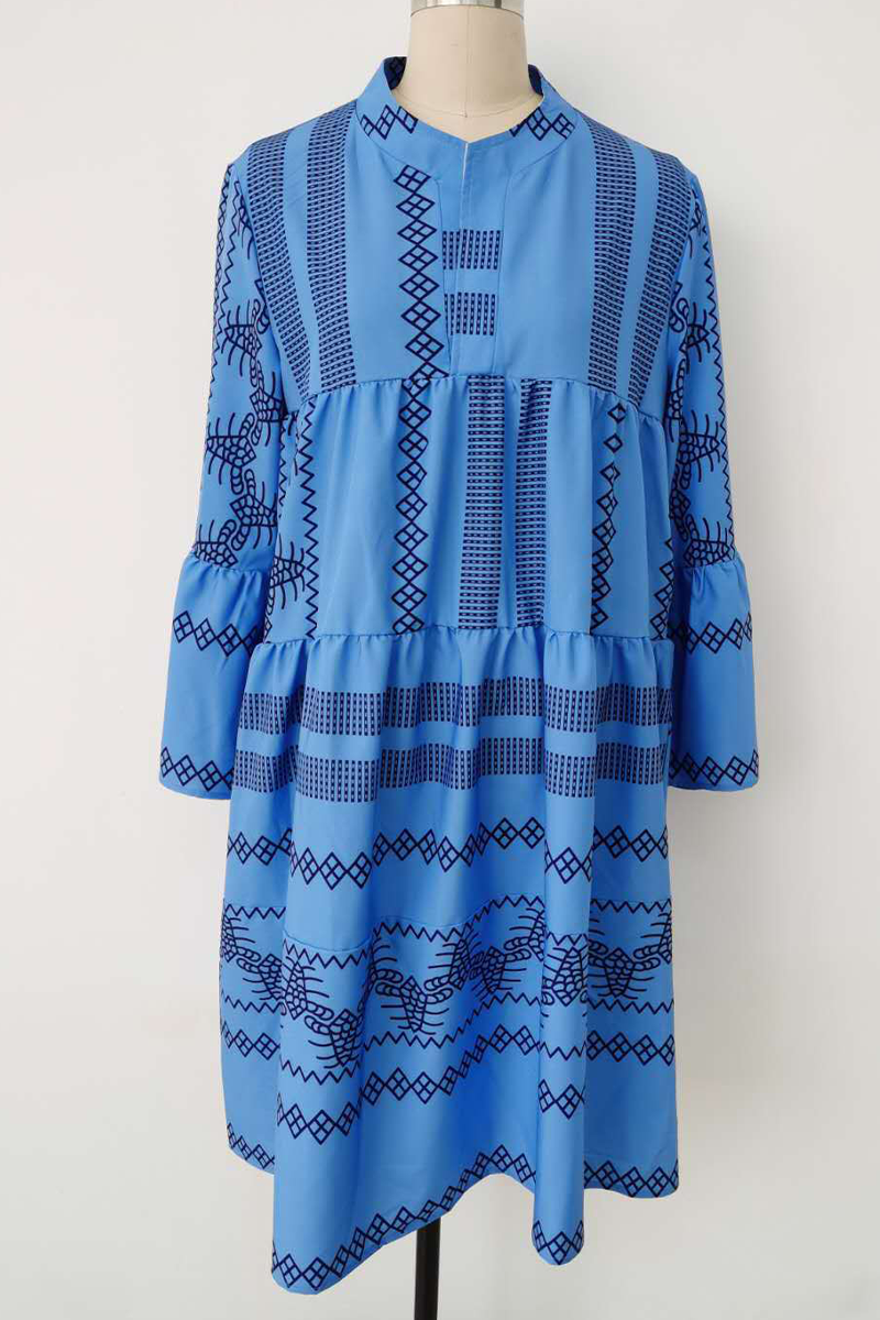 Mandarin Collar V-Neck Long Sleeve Geometric Print Tiered Mini Dress - View 5