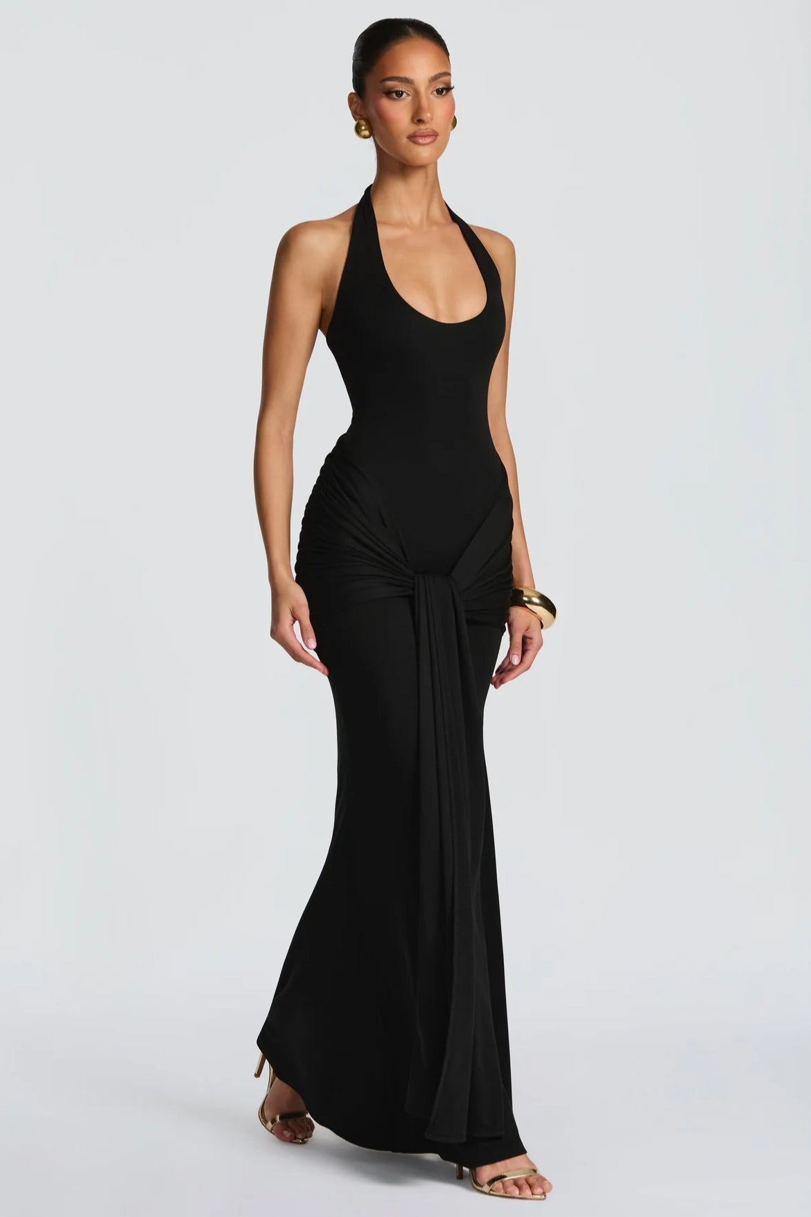 Halter Scoop-Neck Knot-Drape Jersey Fishtail Gown