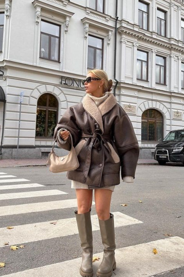 Faux Fur Collar Leather Coat - Fashionpara