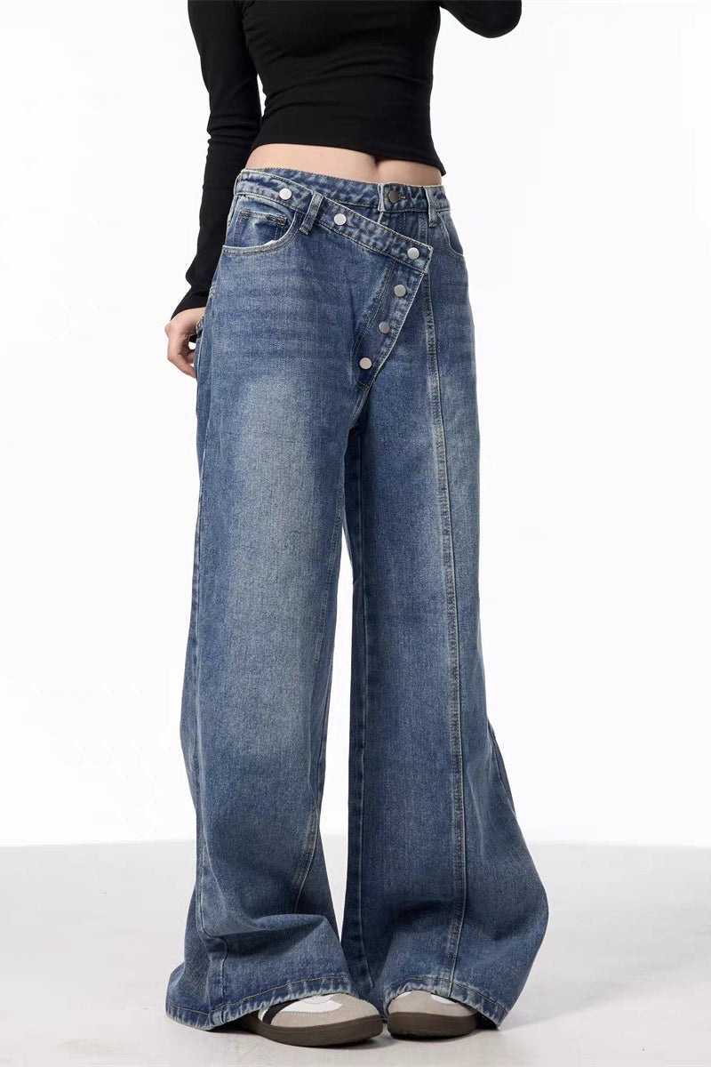 Asymmetrical Button Wide Leg Jeans
