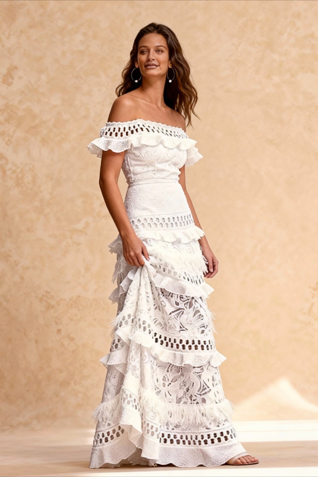 One-Shoulder Ruffled Hollow Swing Graceful Lace Patchwork Long Dress