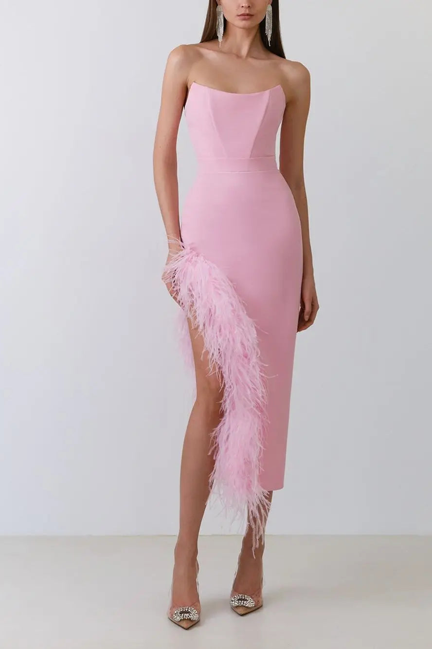 Feather Strapless Midi Dress - Fashionpara