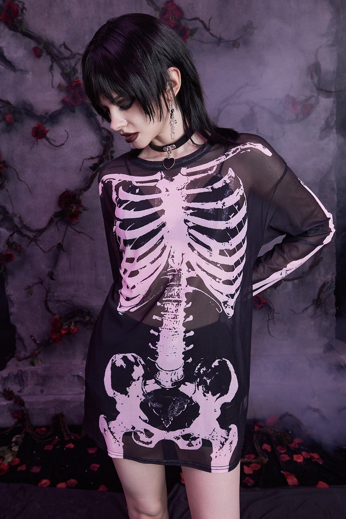 Dark Style Skull Print Mesh Knit Top