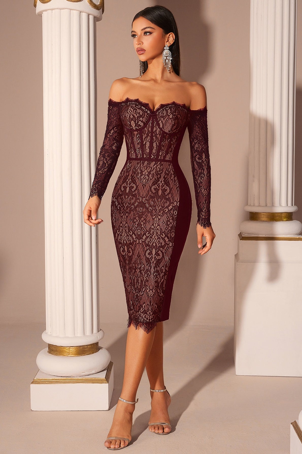 Lace Off-Shoulder Long Sleeve Corset Midi Dress