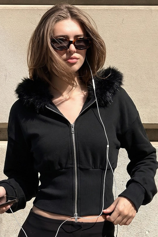Faux Fur Trim Fitted Cropped Zip Front Hoodie