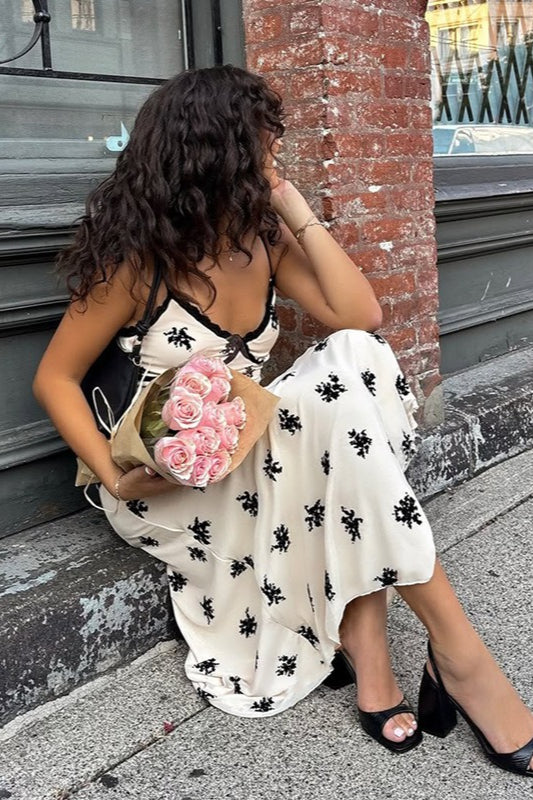 Floral Print Lace-Trim V-Neck Bias Slip Midi Dress