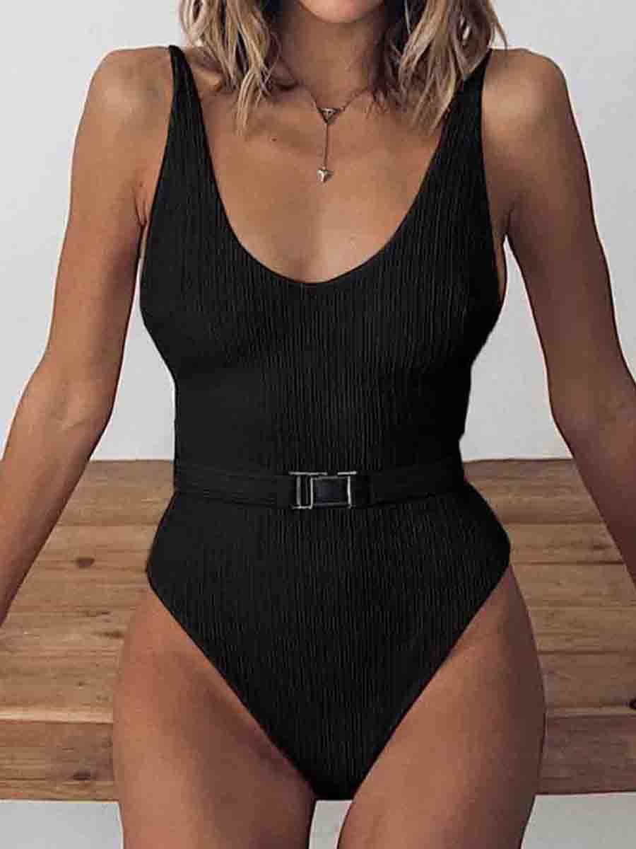 Belt Design Solid One-piece Swimsuit - Fashionpara