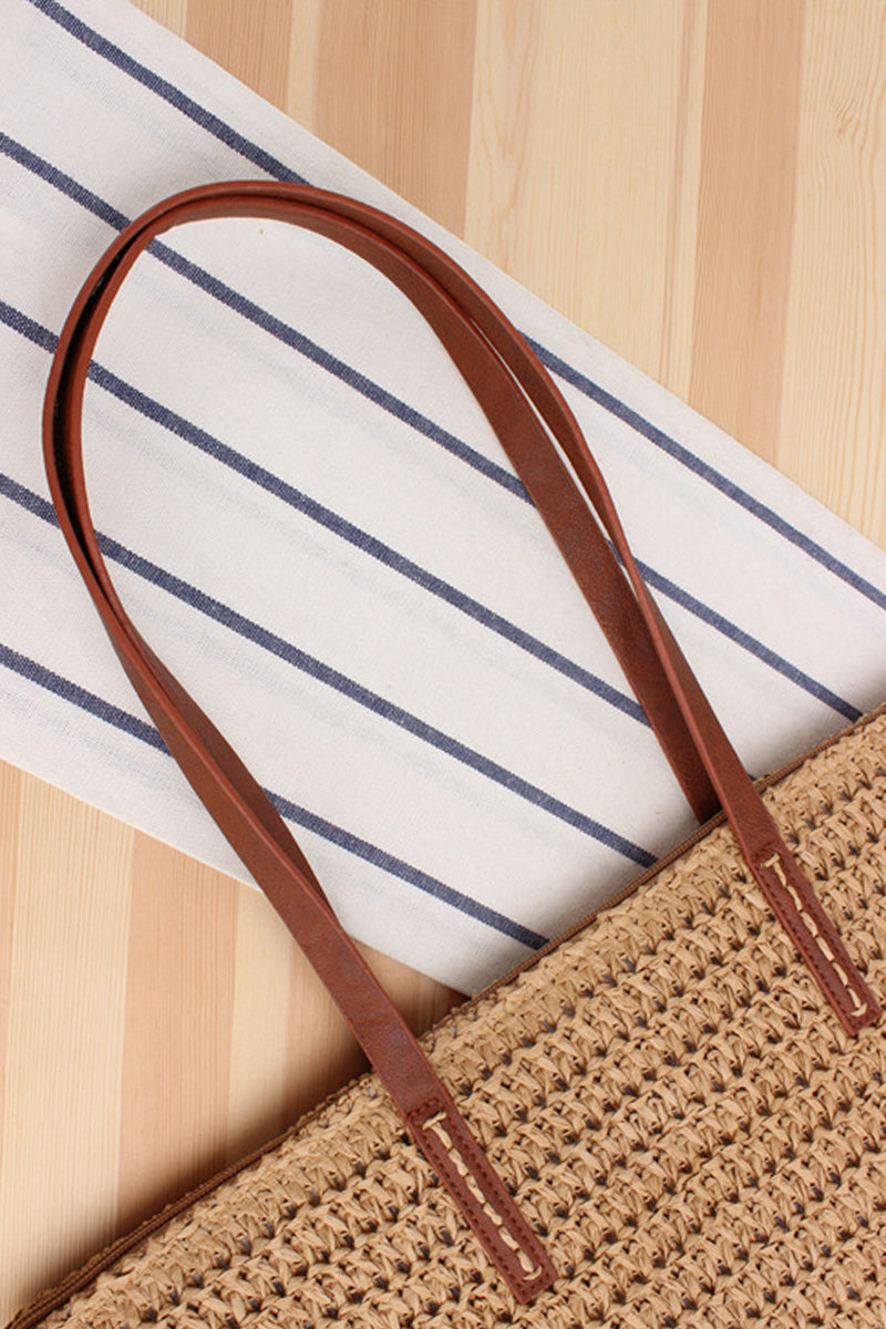 Trendy Leather Strap Woven Straw Beach Shoulder Bag - Fashionpara