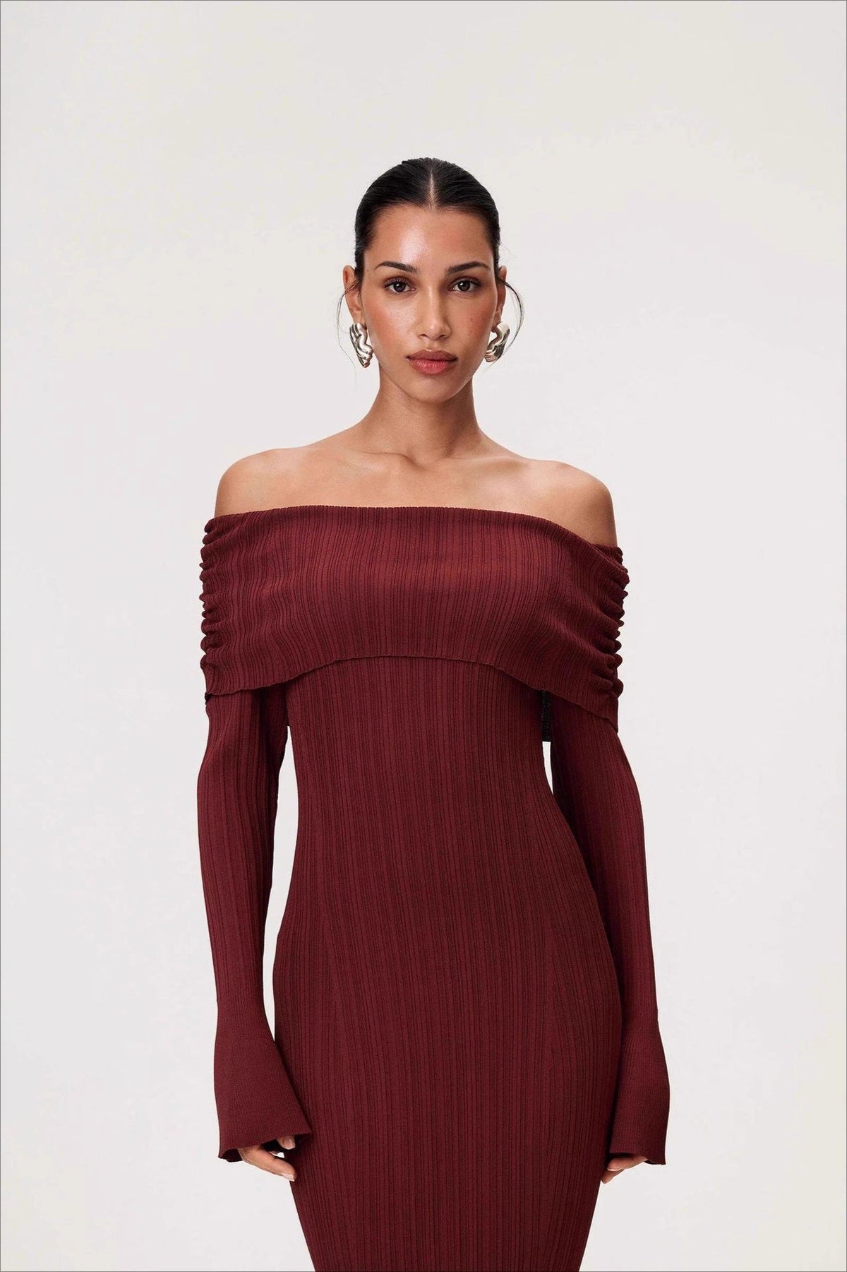 Ribbed Knit Off-Shoulder Long Sleeve Bodycon Maxi Dress