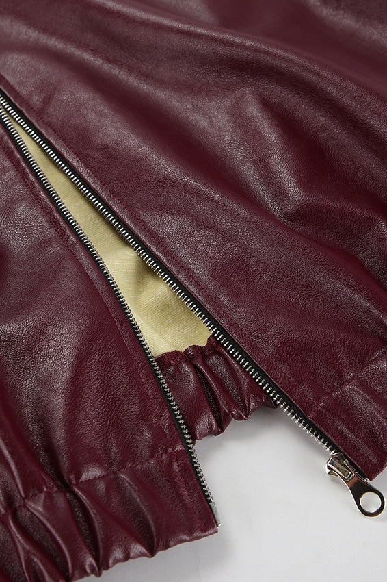 Burgundy Faux Leather Biker Jacket