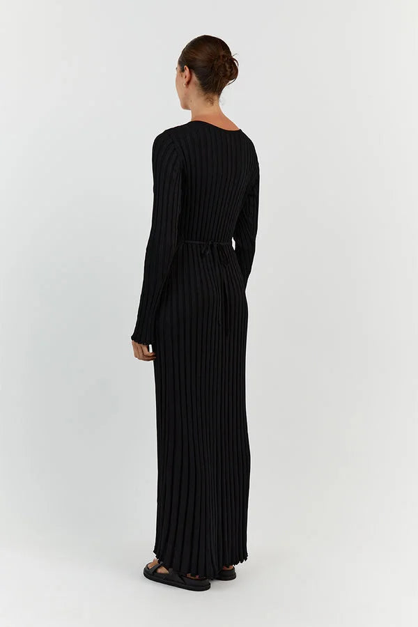 Ribbed Knit V-Neck Long Sleeve Bodycon Maxi Dress - View 9