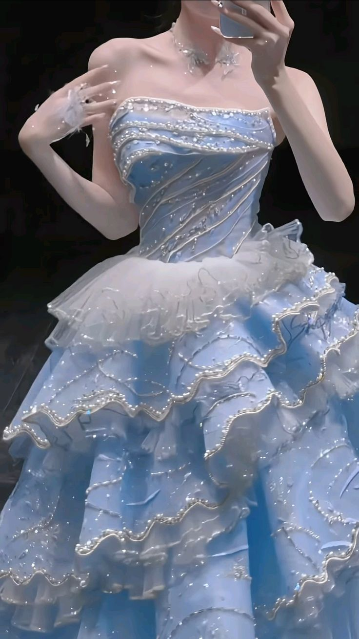 Charming Strapless Blue Tulle Beaded Layered Ball Gown Formal Birthday Party Dress D1573