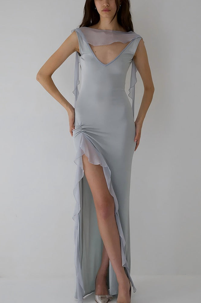 High Slit Ruffle Slip Dress