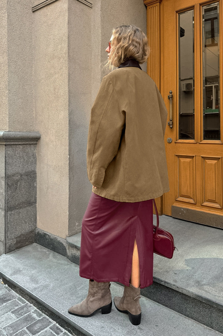 Elegant Brown PU Spliced Coat for Stylish Comfort and Durability