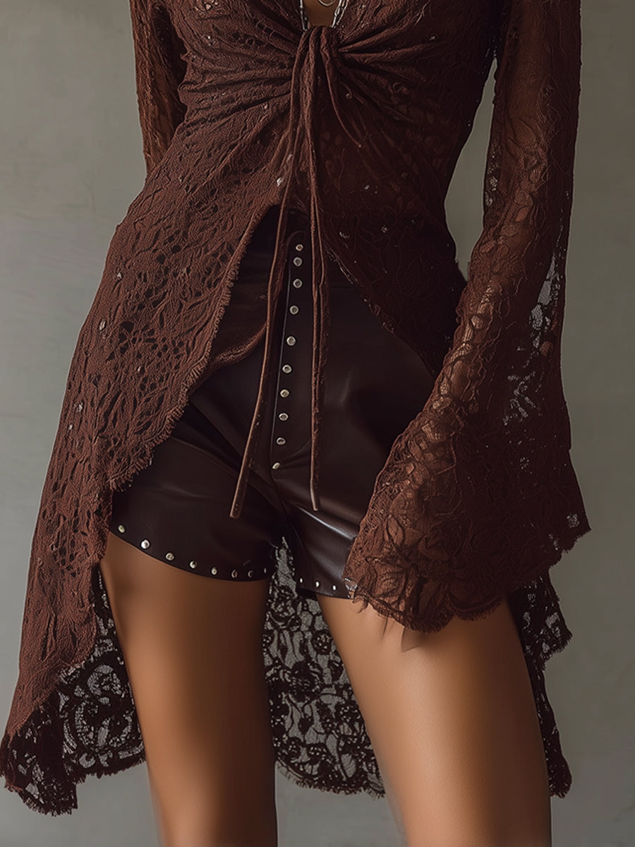 Bohemian Lace Bell Sleeves High Low Hem Blouse