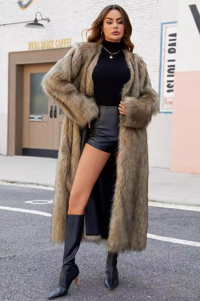 Chic V Neck Faux Fur Cozy Longline Overcoat - Fashionpara