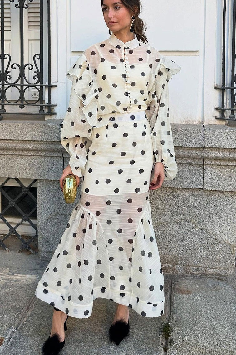 Polka Dot Lantern Sleeve Two Pieces Set - Fashionpara