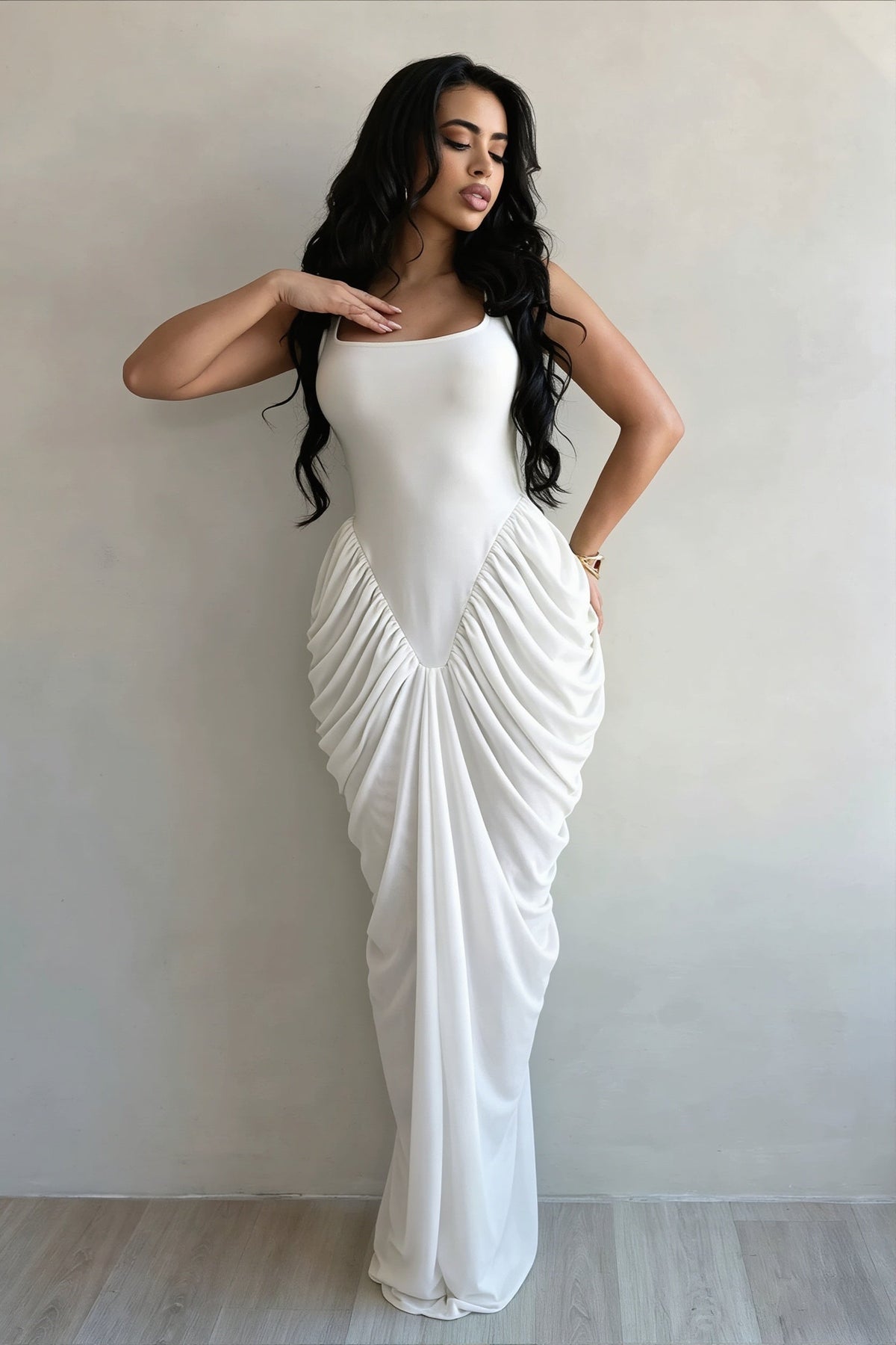 Mesh Scoop Neck Ruched Draped Mermaid Maxi Dress